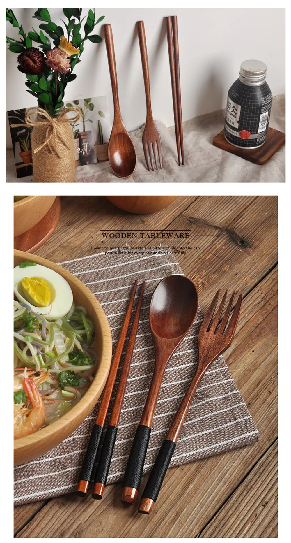 3-teiliges Geschirr, Naturholz, Geschirr, Löffel, Essstäbchen, Gabel, Abendessen, tragbares Geschirr, Getreide, Haushalt, Küche, Besteck-Set – Detail 2