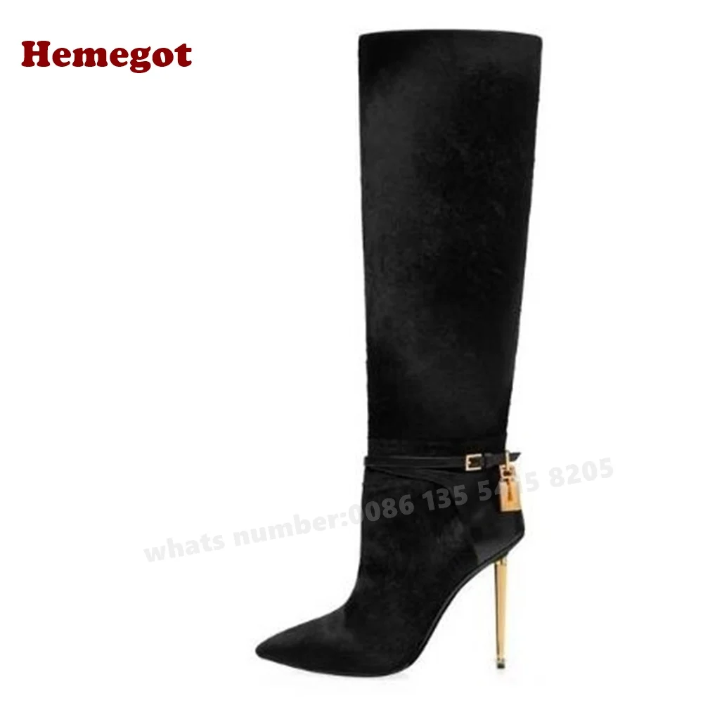 Croc-Pattern Metal Heels Knee High Boots Padlock Pointy Toe Buckle Women's Long Boots Luxury Winter Designer Shoes Plus Size