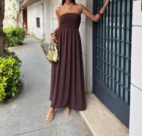 

Midi Dress Woman Solid Color Sleeveless Backless Slim Fit Pleated Strapless Women's Dress Elegant Strapless Waist Cinching Dress