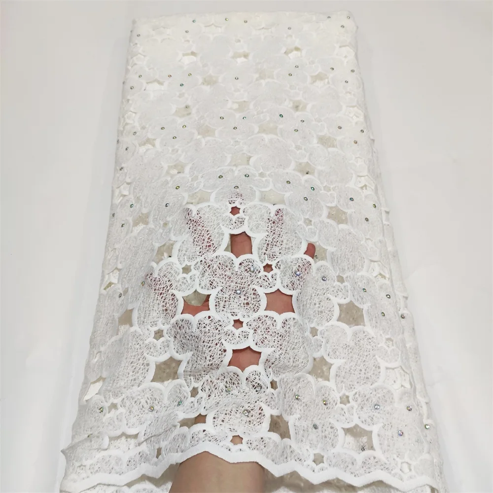 White Latest French African Swiss Lace Fabric Soft Nigerian Guipure Cord Milk Silk Lace Fabric With Stones For Wedding Dress