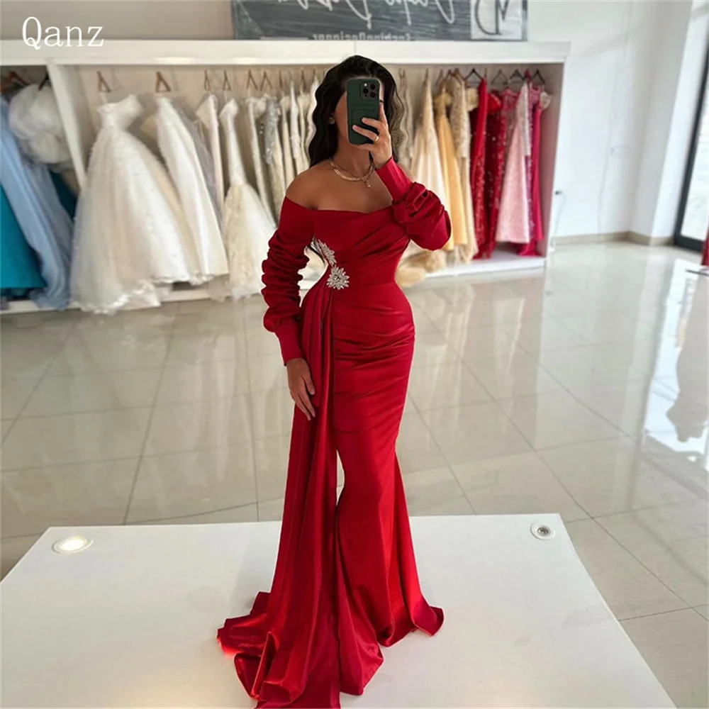 

Qanz Red Evening Dresses Saudi Arabia Long Sleeves Formal Occasion Dresses Mermaid Satin Vestidos De Fiesta Elegantes Para Mujer