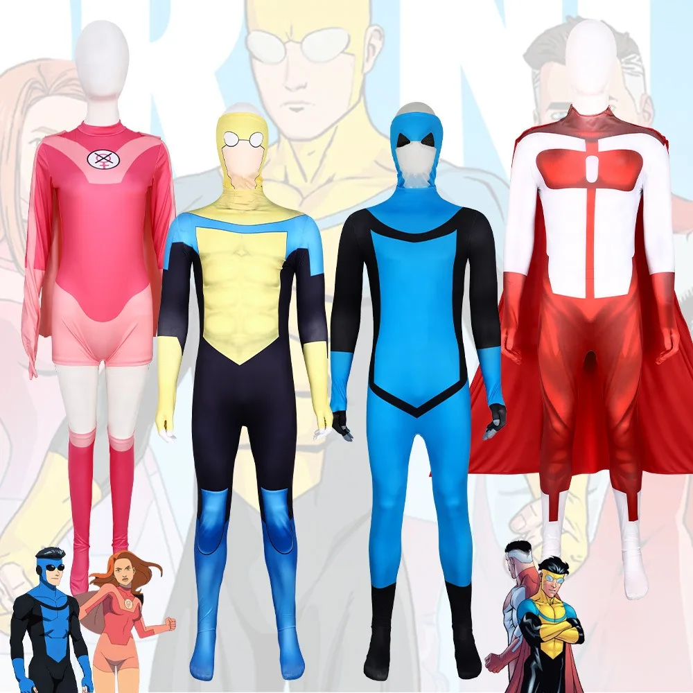 

Halloween Invincible Cosplay Costume Zentai Bodysuit Mark Grayson Jumpsuit Atom Eve OmniMan Omni Man Suit Cape Adult Kids