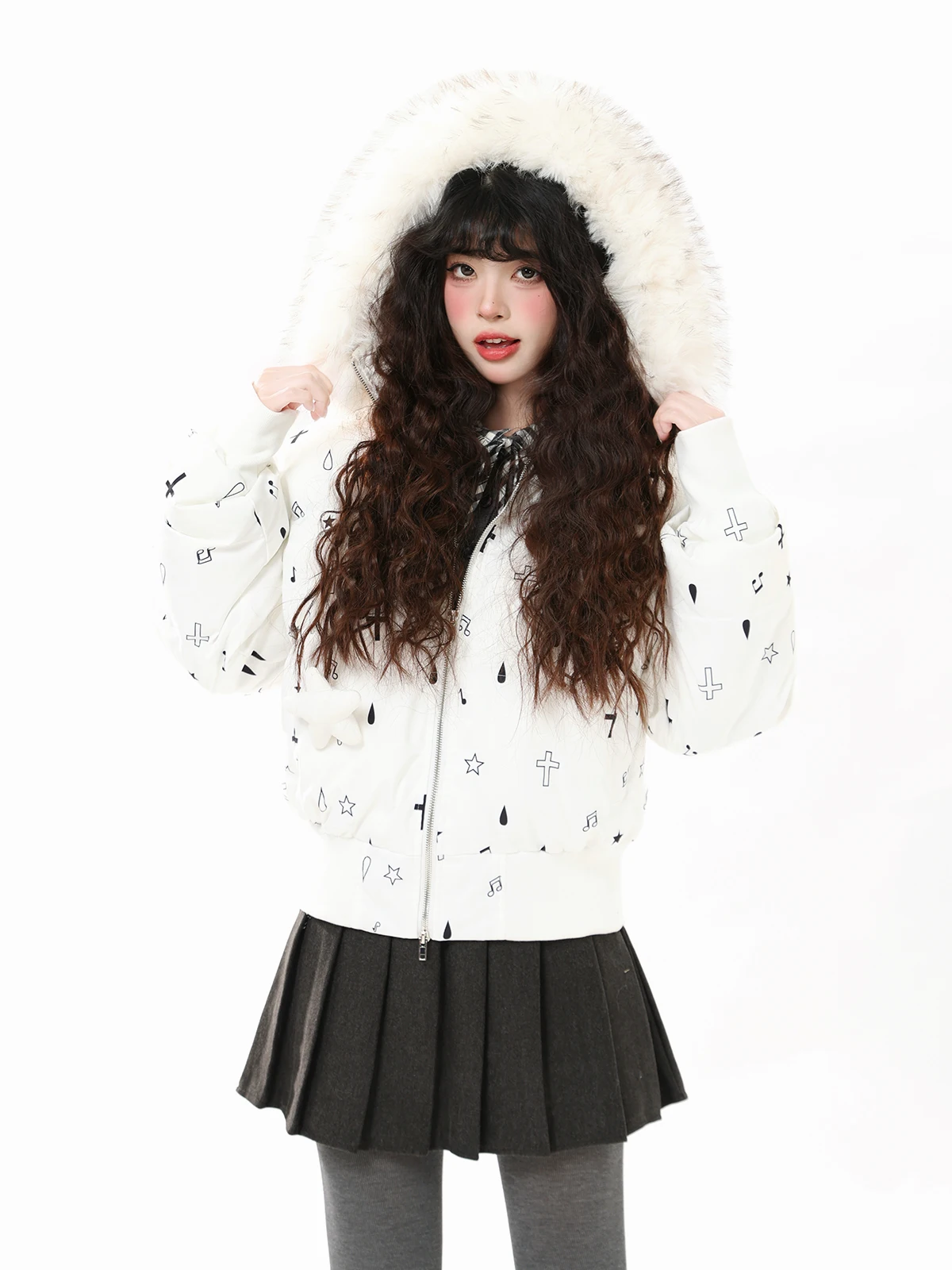 

ENJOG Sweet Cool Floral Cotton Jaet Women's Loose Warmth Hat Coat New Design Winter Outerwear ort Sle Zipper Closure