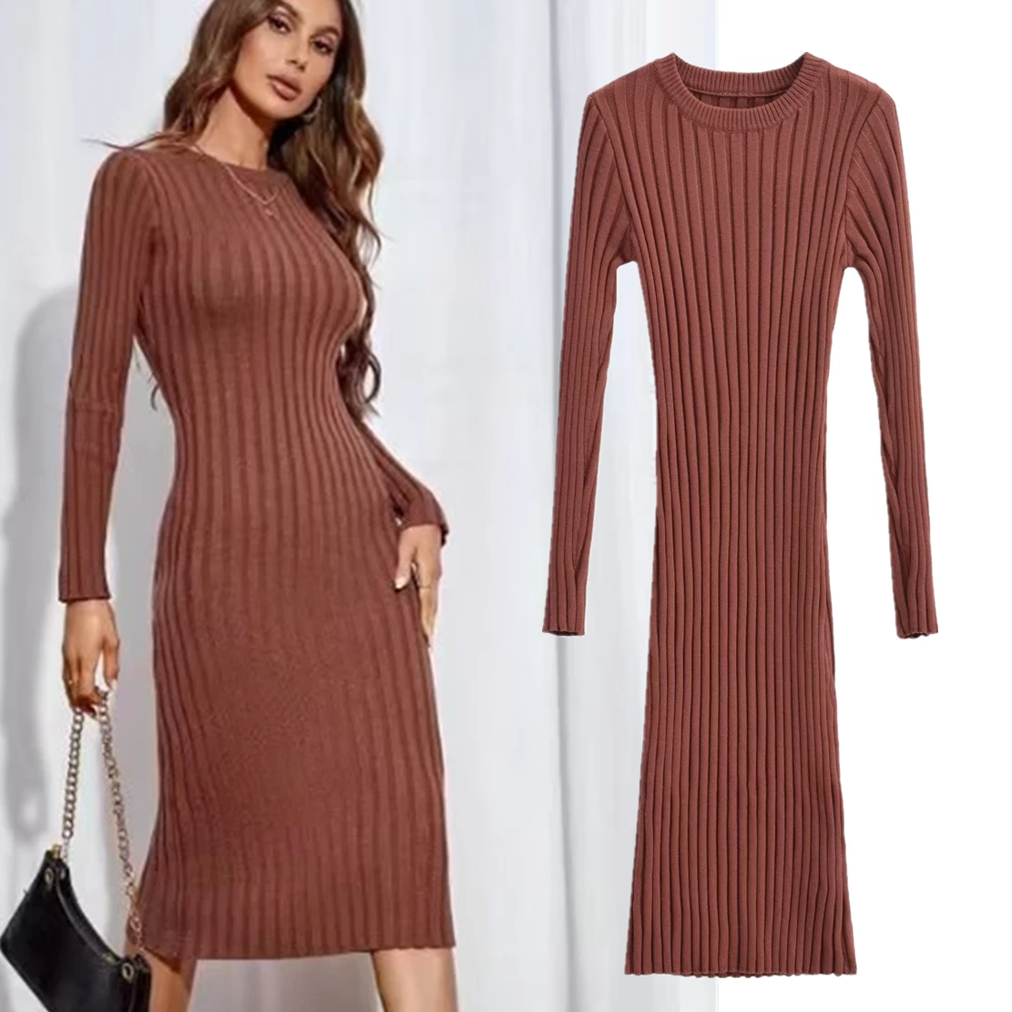 

Withered Ins Fashion Blogger Long Sleeve Sexy Slim Fit Rib Knit Dress Autumn Winter Midi Dress Women