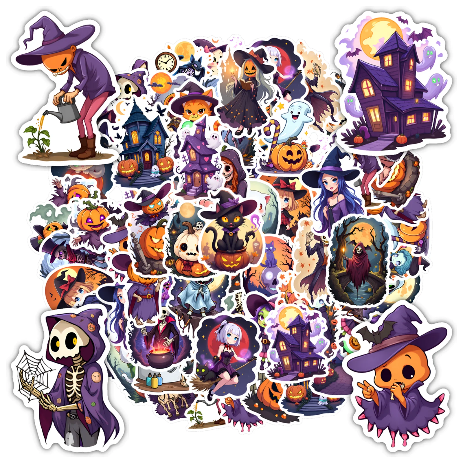 35pcs-50pcs Cute Witch Stickers Spooky Skeleton Stickers Witch Stickers For Notebook Luggage Mobile Phone Cup