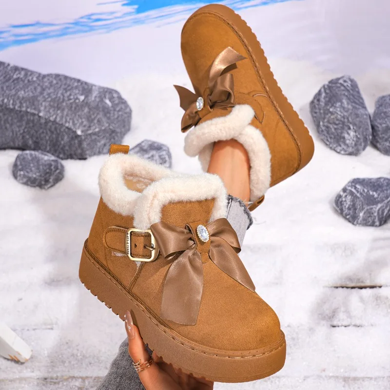 Fashion Bow Decor Buckle Strap Casual Women's Snow Boots 2026 Winter New Fleece Lined Warm Non Slip Soft Sole Comfort Women Shoe