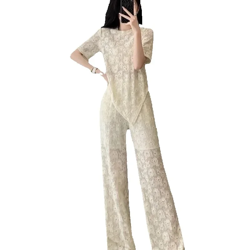 

Spring Summer Wide- Leg Pants Suit Women 2025 New Fashion Loose Lace Hollow Out Pants Casual Two- Piece Suit Female