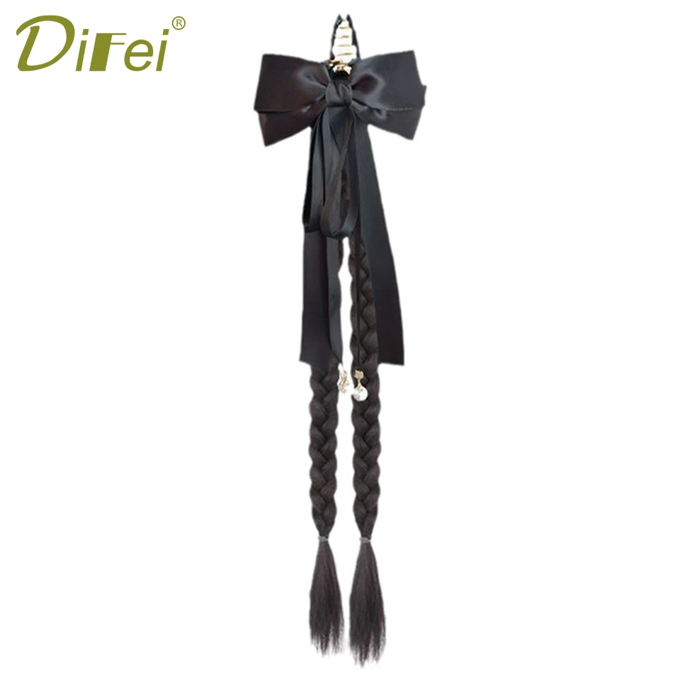 DIFEI Synthetic Wig Braid Female Grip Double Ponytail Bow Boxing Braided Hair Natural Lazy High And Low Ponytail