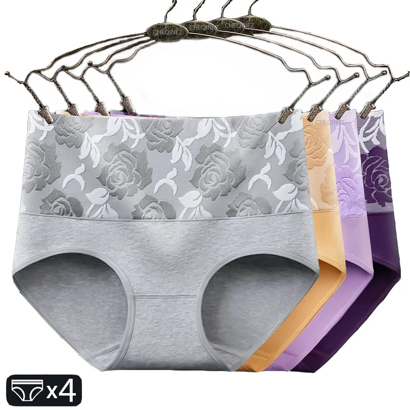 4er-Set Damen Baumwollunterwäsche Hohe Taille Slips Sexy Dessous Nahtlose Bauchweg-Höschen Große Größen Shapewear