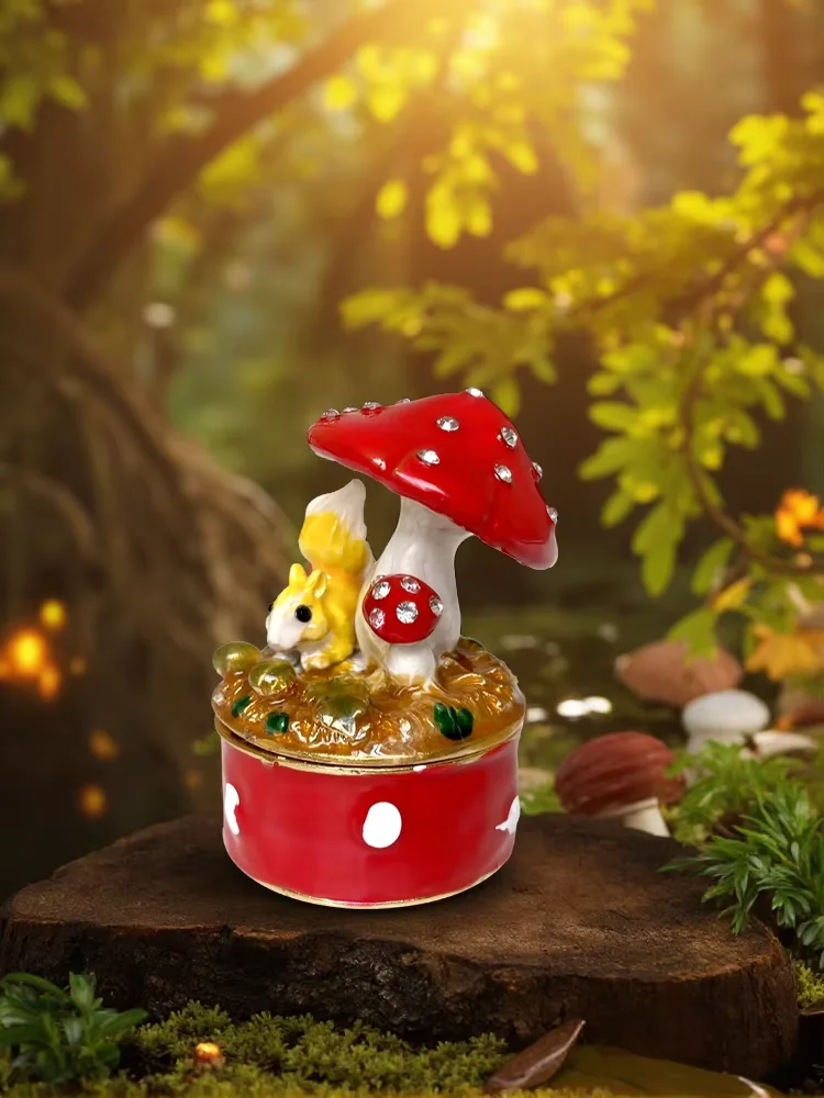 Handmade Enamel Trinket Box Jeweled Mushroom & Squirrel Design Animal Figurine Ring Holder Home Decor Collectible Gift