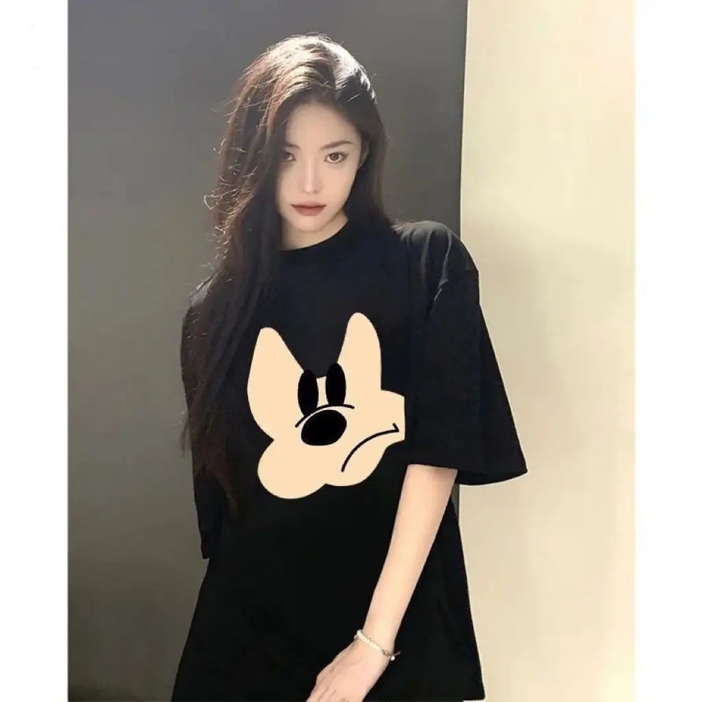 

Large Size Pure Cotton Fun Disney Mickey Mouse Print Loose Short-sleeved Top Korean Version Simple Versatile Couple T-shirt Tide