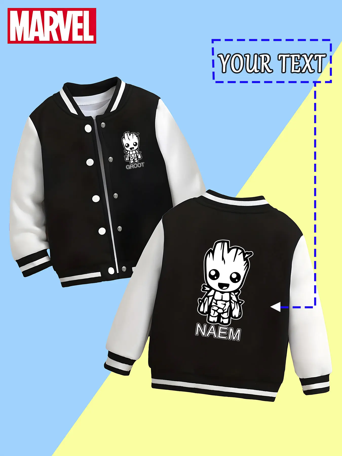 

MINISO Marvel Boys Baseball Jacket - Cute Groot Print, Cute and Healing Style, Perfect for Spring and Autumn Leisure Outings, Su