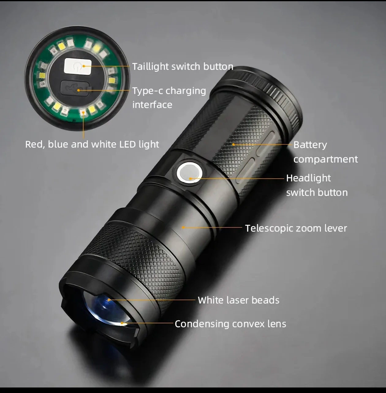 Super Powerful LED Flashlight 6000Lumen Camping Torch ABS+Plastic Material Zoom With Tail Cob Floodlight Multiple Lighting Modes