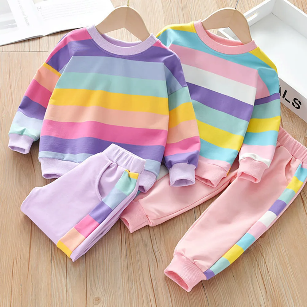 

Kids Girls Hoodie Clothes Sets Spring Autumn Rainbow Striped Long Sleeve Sweatshirt+Panst 2Pcs Casual Loose Children Sportswear