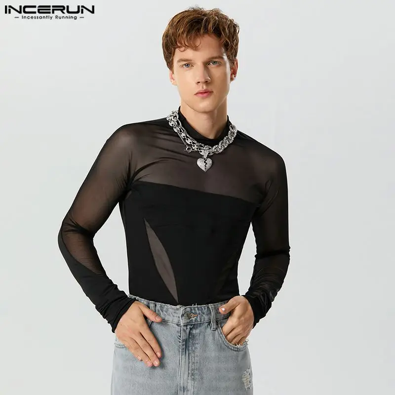 Sexy New Men Rompers Fashion Splicing See-through Mesh Bodysuit Fashion Male Solid Thin Long Sleeve Jumpsuits S-5XL INCERUN 2023