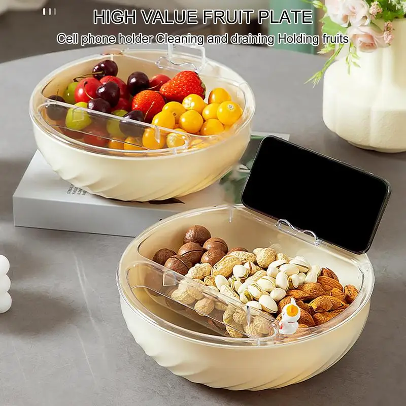 Double Dish Nut Bowl Detachable Bowl With Phone Holder Double-Layer Drain Basket Snack Serving Dish Nut Dish Tray For Household