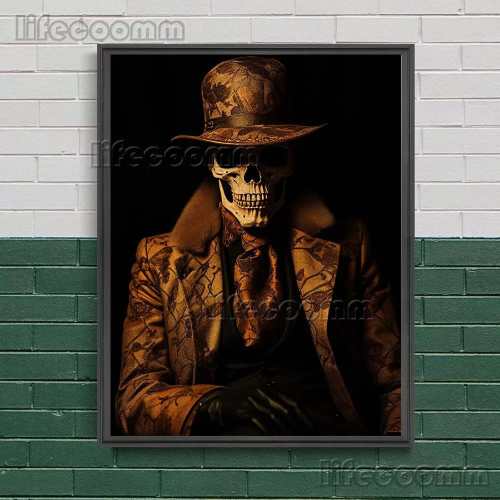 Skeleton Gentleman Gothic Vintage Wall Art Canvas Painting Skeleton In Suit Smoking Cigar Art Poster Print Home Decor Unframed