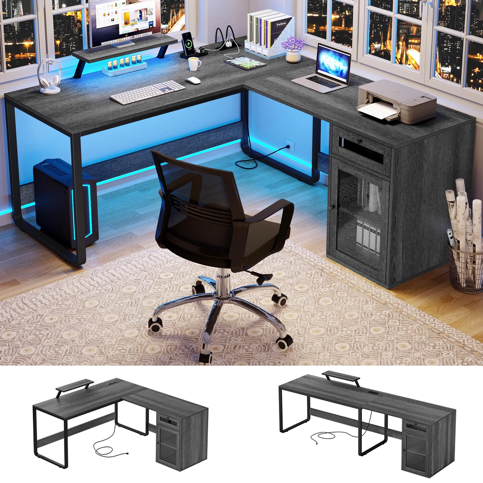 

L Shaped Desk with Power Outlets & LED Lights Reversible Computer Desk w/ Drawer