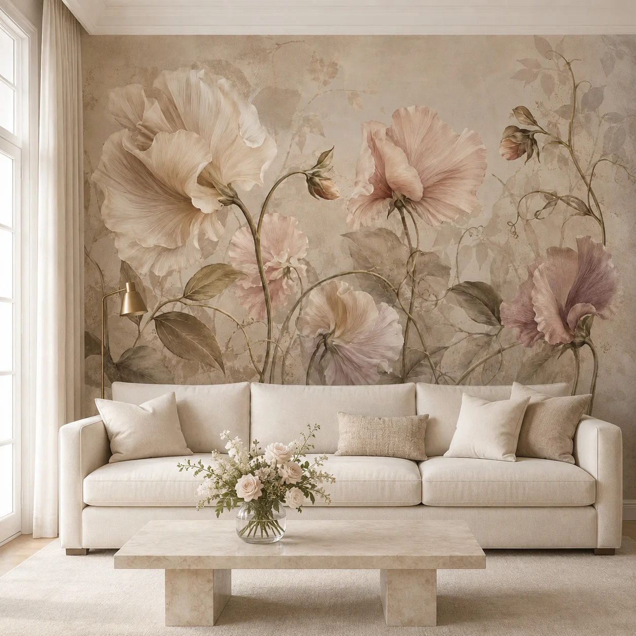 Vintage Oversized Floral Wallpaper Mural Beige Blush Botanical Wall Art Luxury Living Room Decor Non Self Adhesive Glue Required