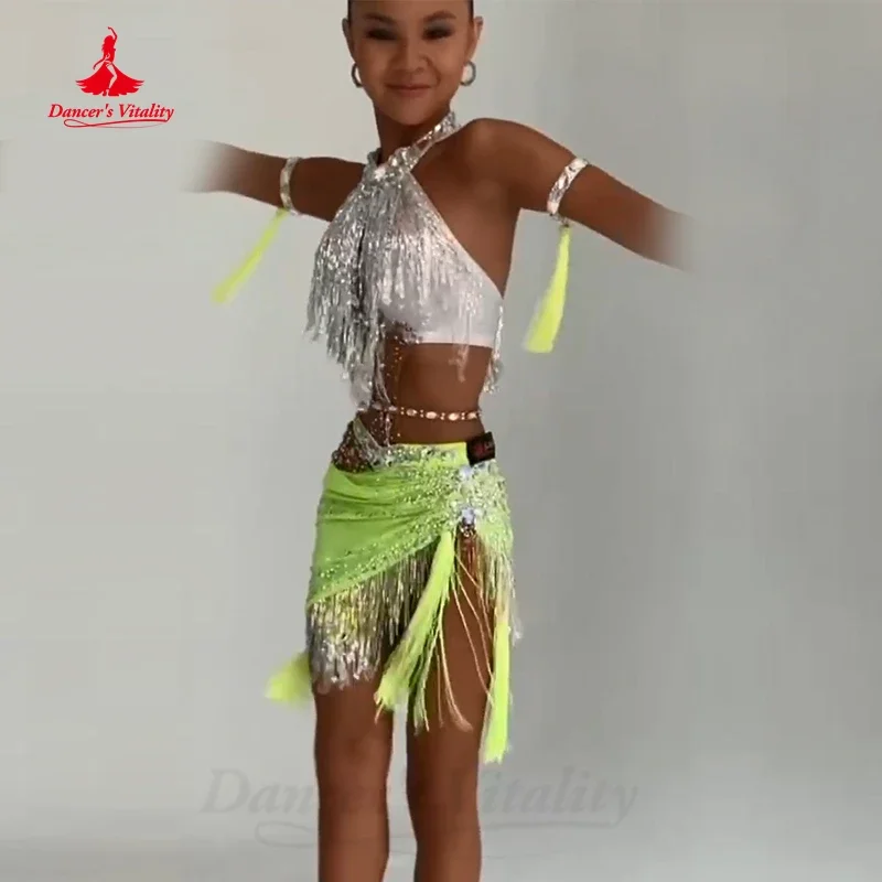 Latin Dance Performance Costume Customsized Adult Children Beads Tassel Top+short Skirt 2pcs for Female Latin Dance Stage Skirt