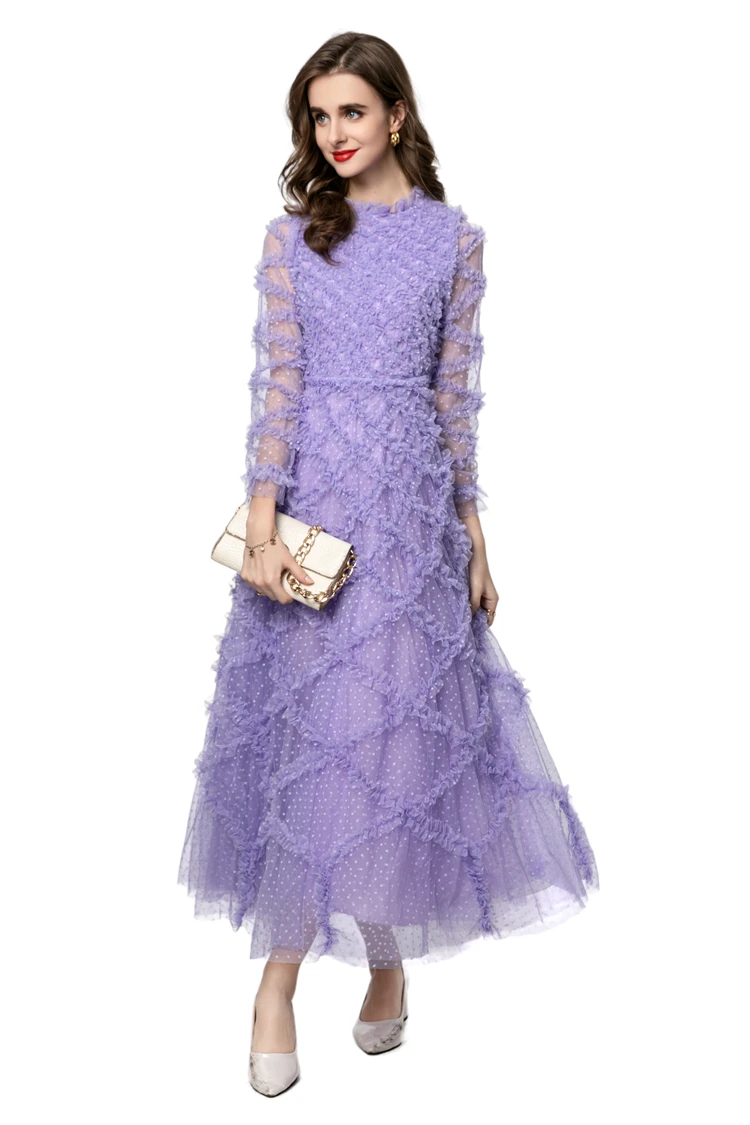 ชุดเดรสสตรี O คอแขนยาว Ruffles จ่าย Elegant แฟชั่น Designer Party Prom Gown