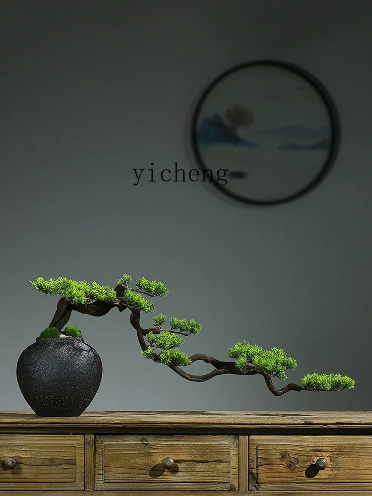 Tqh New Chinese Artificial Green Plant Welcoming Pine Bonsai Entrance Home Decorations Micro Landscape Ornaments