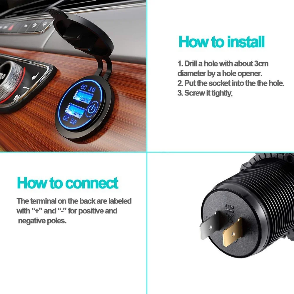 Ursuniot Waterproof QC3.0 Car Charger with Touch Switch Dual USB Ports Power Adapter DIY KIT for 12V/24V Motorcycle Boat Truck