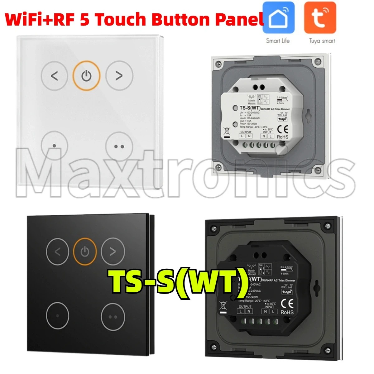 

Умная панель управления Smart Tuya WiFi+RF с 5 сенсорными кнопками, диммер Triac Skydance TS-S(WT), управление через приложение и облако, 100-240В переменного тока, для диммируемых светодиодных светильников/ламп