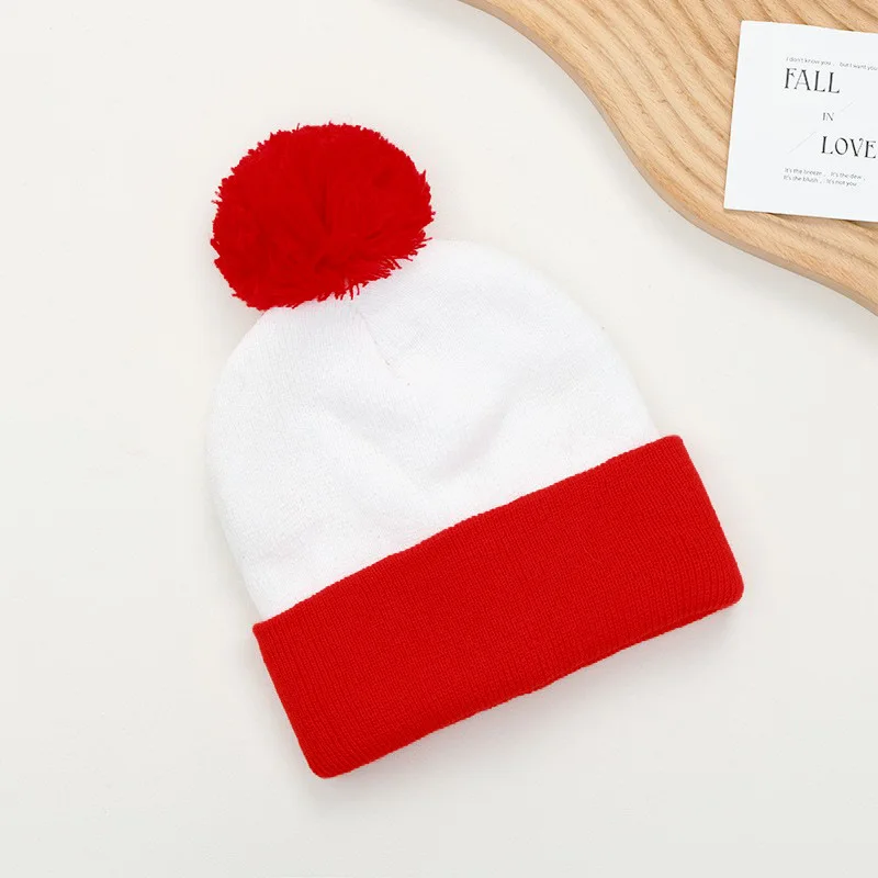 Winter Autumn Halloween Costume Red White Knit Beanie Hat with Pompoms Nerd No Lenses Glasses for Men and Women anime hat caps