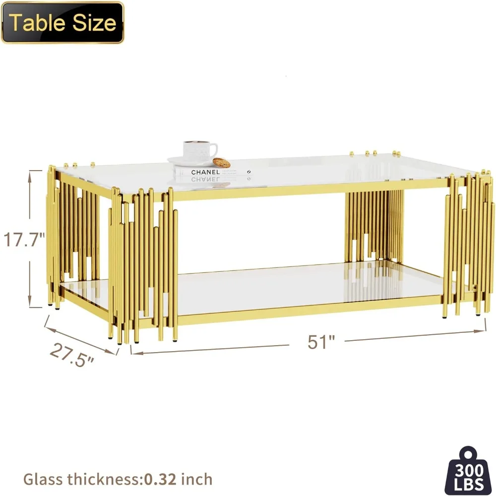 Glass Coffee Table Modern Living Room Table Gold Stainless Steel Metal Leg 51