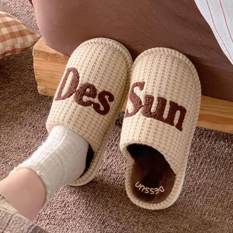 Women Alphabet Waffle Design Home Slippers Comfort Short Plush Indoor Slippers 2026 Winter Soft Sole Anti Slip Shoes for Women