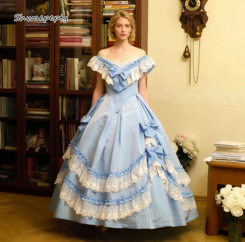 

1860s Civil War Vintage Prom Dress Light Blue Bow Lace Wave Floor Length Satin Ball Gown Princess Evening Gown Customized