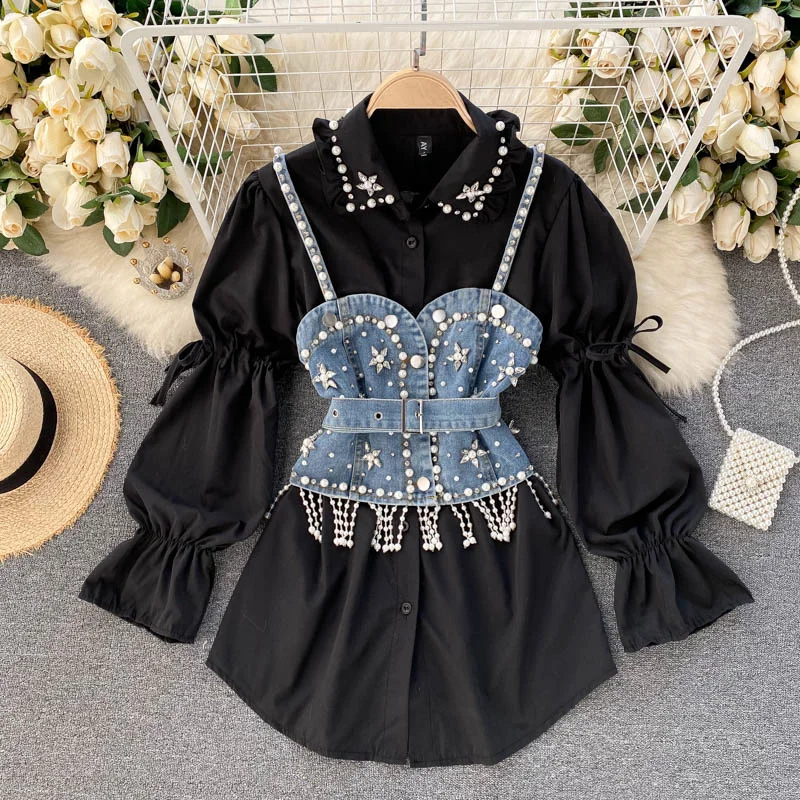 Summer 2023 New Blouse Women\'s Diamond Beaded Puff Sleeve Blusa Top Tassel Pearl Sling Waistcoat Two-piece Sets Stacking Shirt