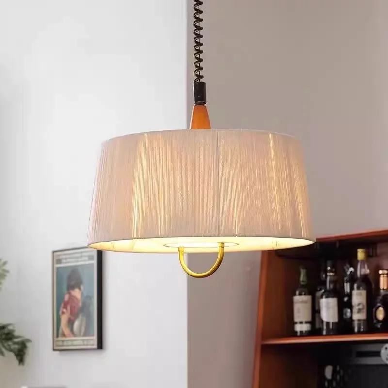 

French Vintage Bedroom Pendant Light Wabi Sabi Style Restaurant Living Room Study Chandelier Lifting Hemp Rope Fabric Hang Lamps