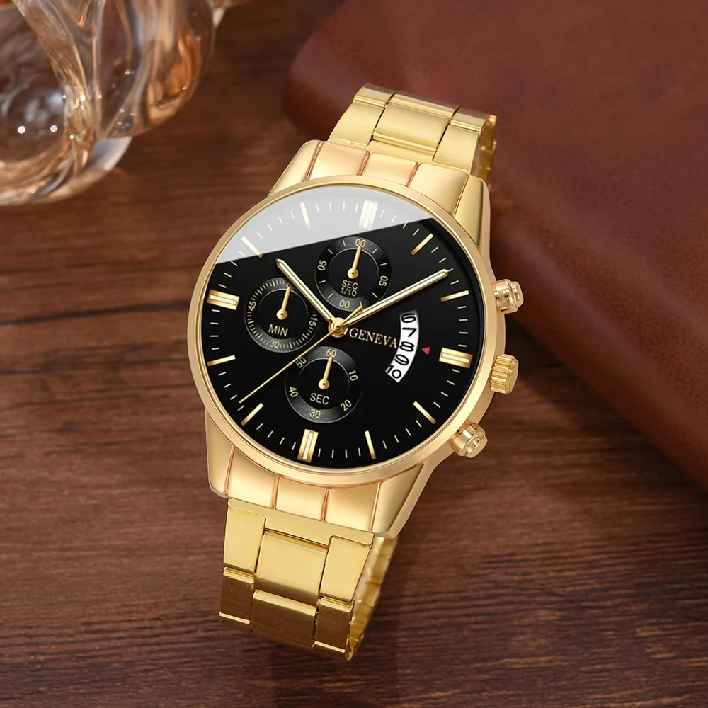 4PCS Gold Alloy Roman Calendar Men\'s Quartz Watch and Cross Necklace Bracelet Ring Set Selected Gifts