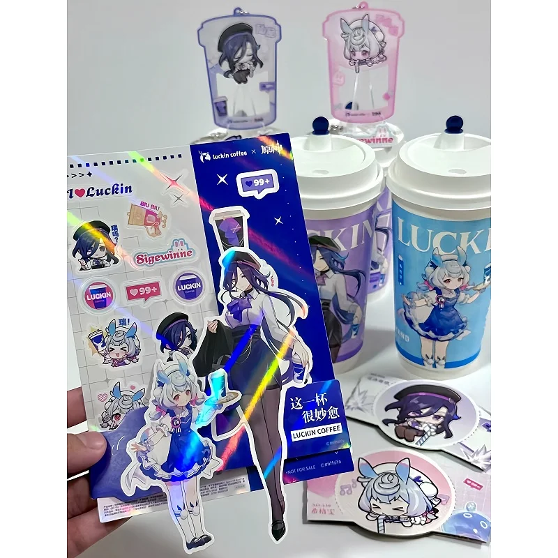 New Genshin Impact Link Peripheral Sigewinne Clorinde Keychain Stand Up Bubble Gun Cup Stickers Anime Peripheral Toys