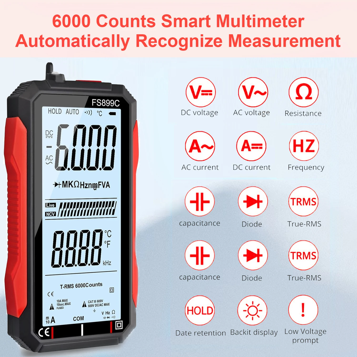 FS899C Auto-Ranging 6000 Counts Digital Multimeter 4.8 inch Large Screen with Rechargeble battery Voltmeter Ammeter Ohmmeter