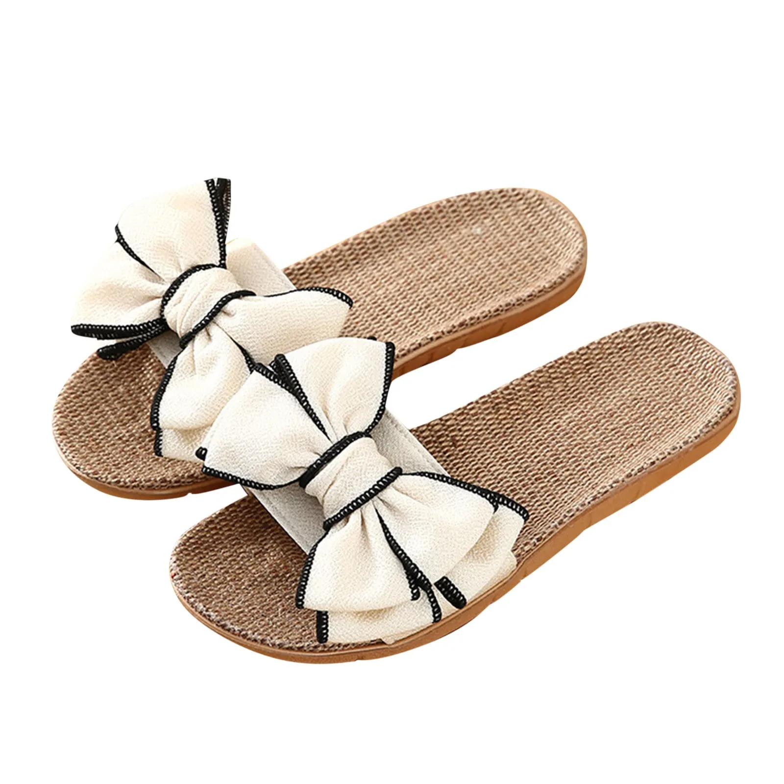 Women Summer Casual Slides Comfortable Flax Slippers Striped Bow Linen Flip Flops Platform Sandals Ladies Indoor Shoes Femme