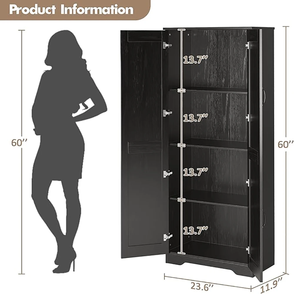 Tall Kitchen Cupboard, 4 Tiers Pantry Storage Cabinet with Adjustable Shelves,Modern Freestanding Wooden Sideboard Unit for Dini