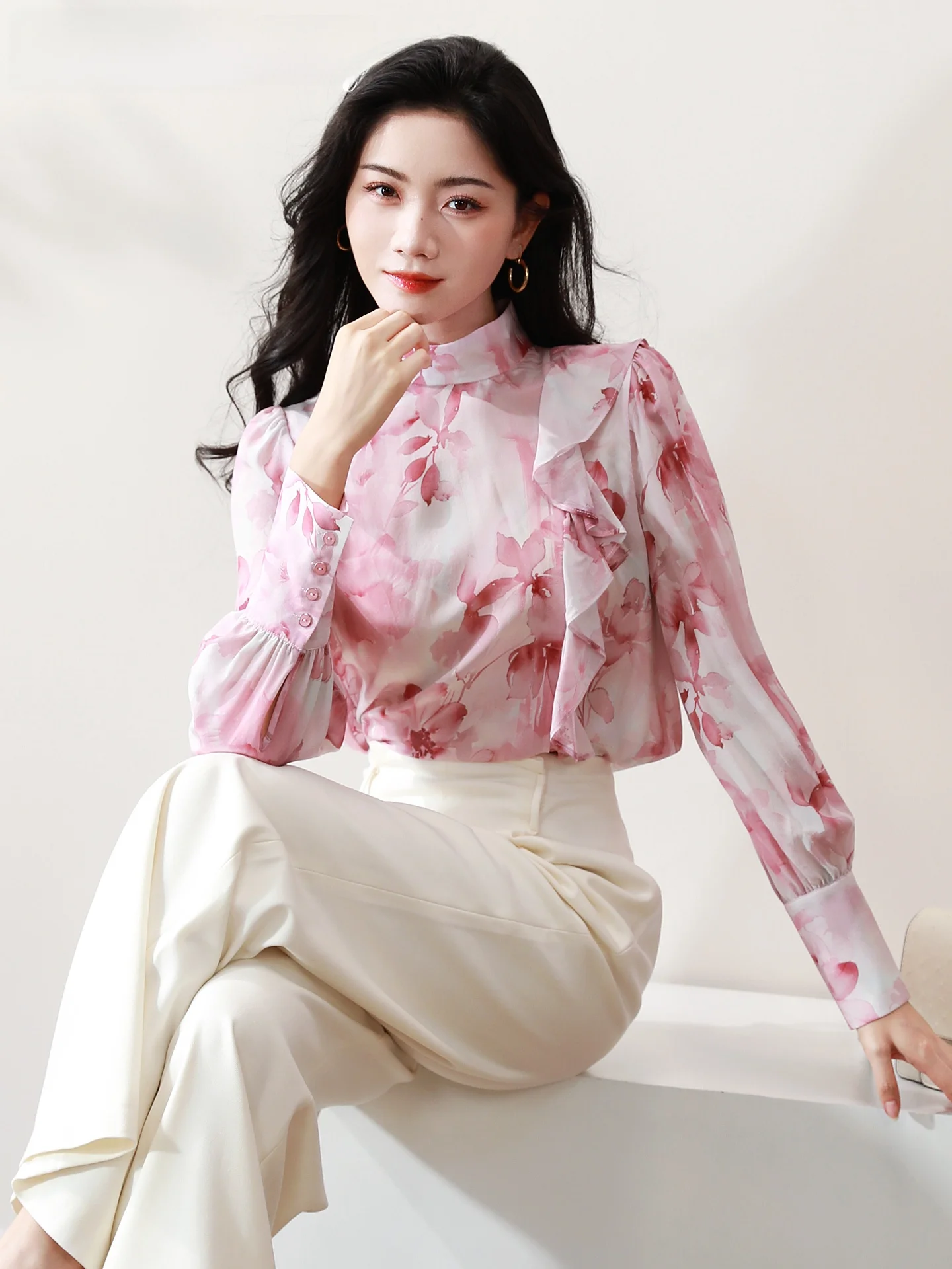 

Pink Silk irt Women's High-end Anti-aging Gentle Sle True Silk irt Long Sve 2025 Spring Autumn New Model