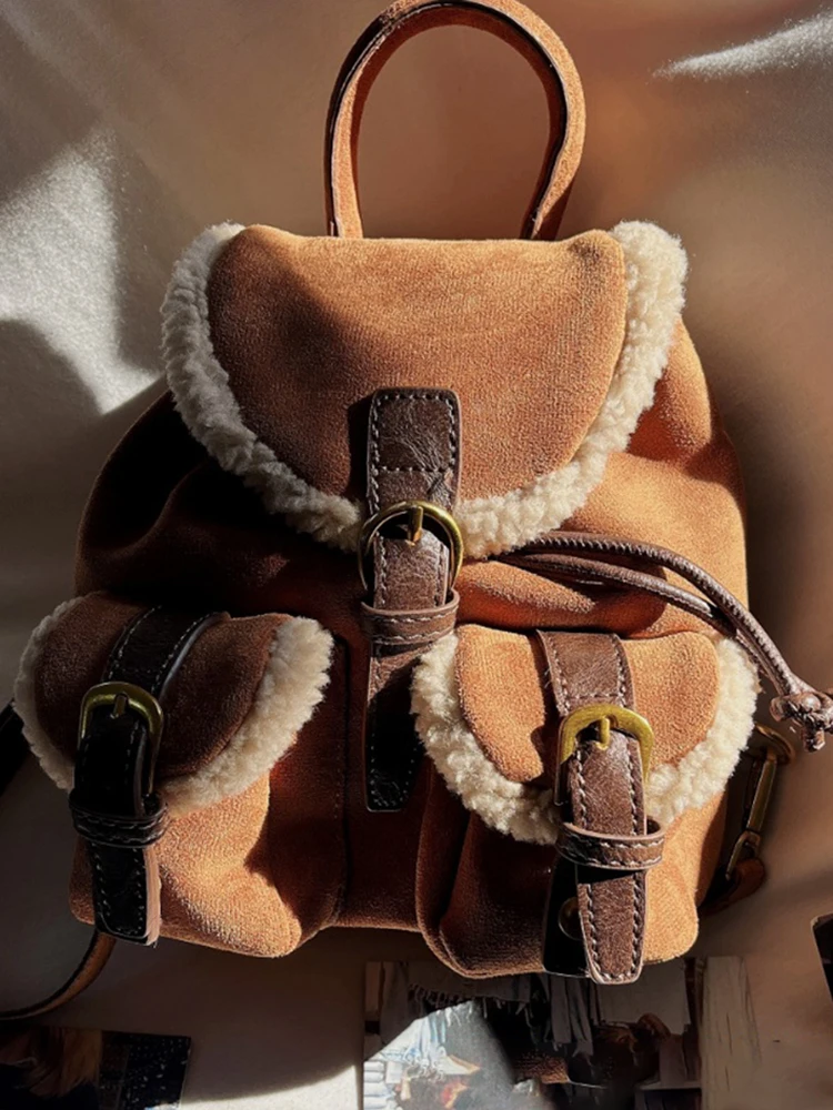 

Vintage Brown Faux Suede Small Backpack Bags Women Autumn Winter New Preppt Style Lambhair Patchwork Pockets Shoulder Bag Female