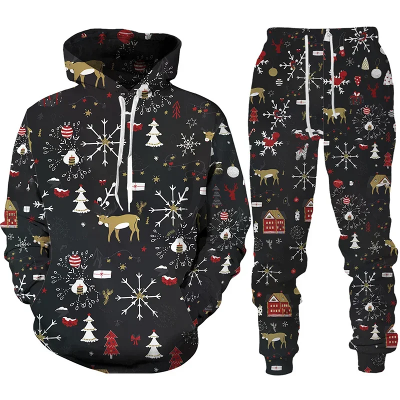 New Year Christmas Hoodies Sets Y2k Men Pants Santa Claus Men\'s Kid 3D Printed Tracksuit Set Novelty Oversize Loose Streetwear