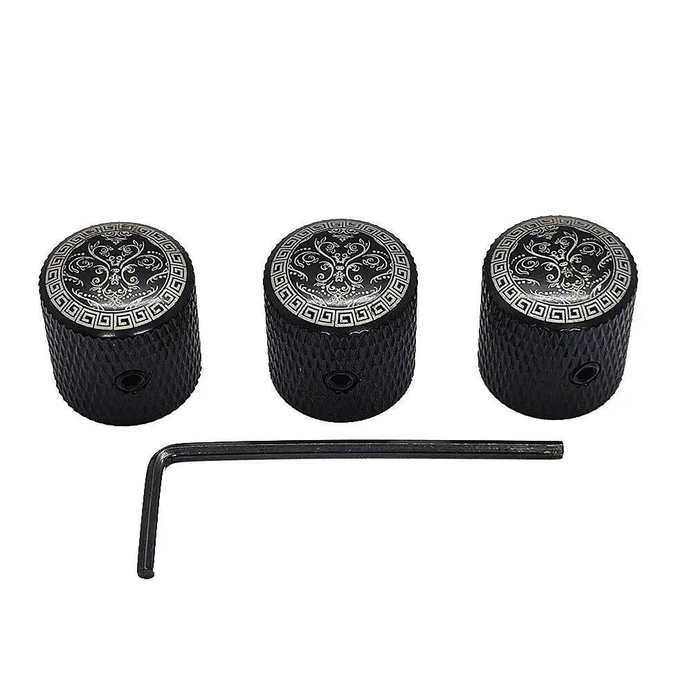 3pcs /Set For Electric Guitar Dome Metal Volume Tone Control Knobs Potentiometer Caps Tone Black With silver carving top