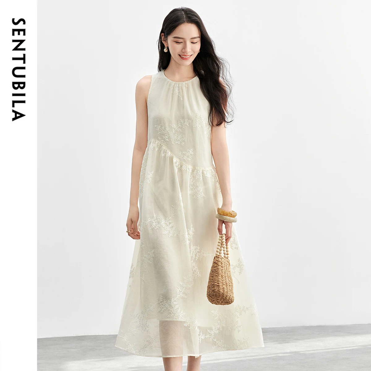 SENTUBILA White Embroidery Womens Dress 2025 Spring Irregular O Neck Folds Patchwork Holiday Vacation Long Dresses 151L58207