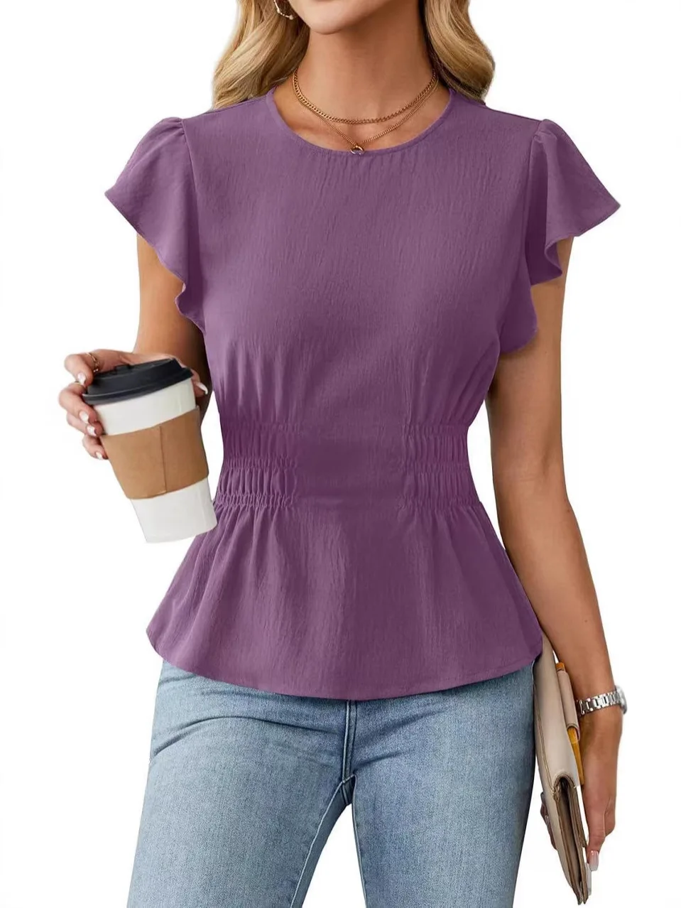 Women Ruffle Short Sleeve Blouse Round Neck Elastic Waist Peplum Tops Casual Solid Color Slim Fit Shirt