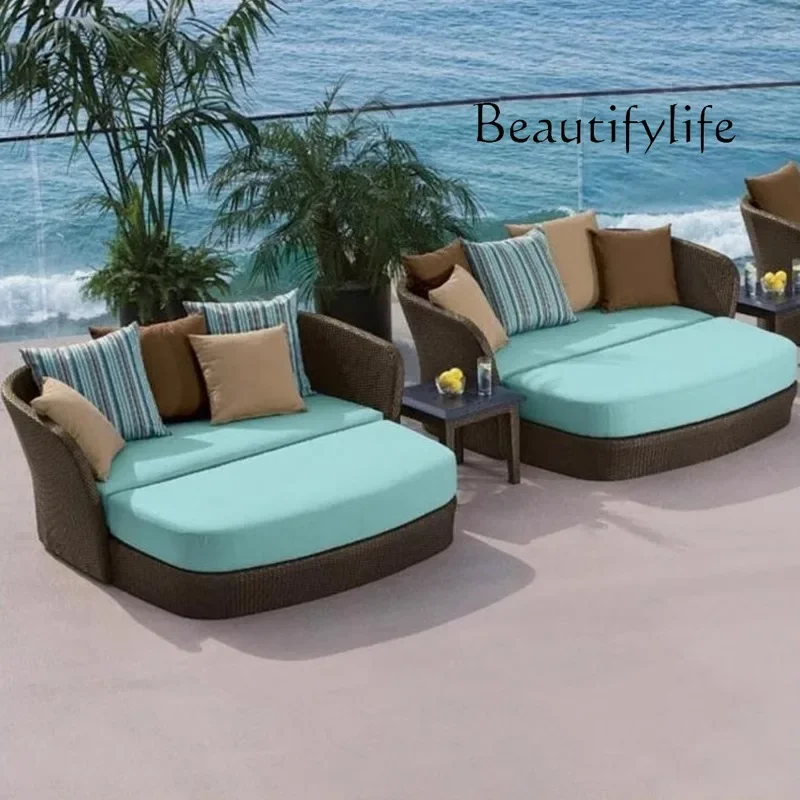 M Rattan Sofa Bed Outdoor Table And Chairs Patio Bed Three-piece Rattan Round Balcony Round Beach Bed