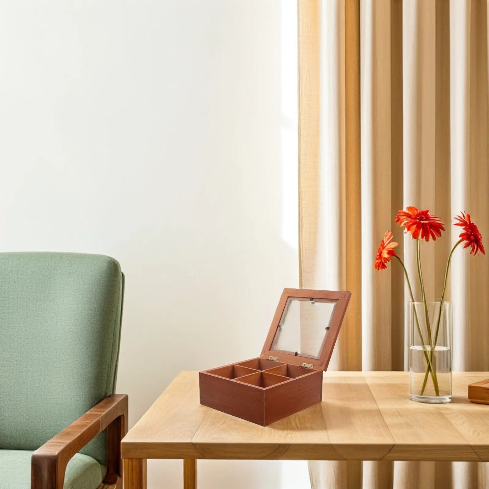 

Solid Wood Vintage Trinket Box Featuring Transparent Glass Top and Four Divided Compartments Jewelry Tea Bag Organizer