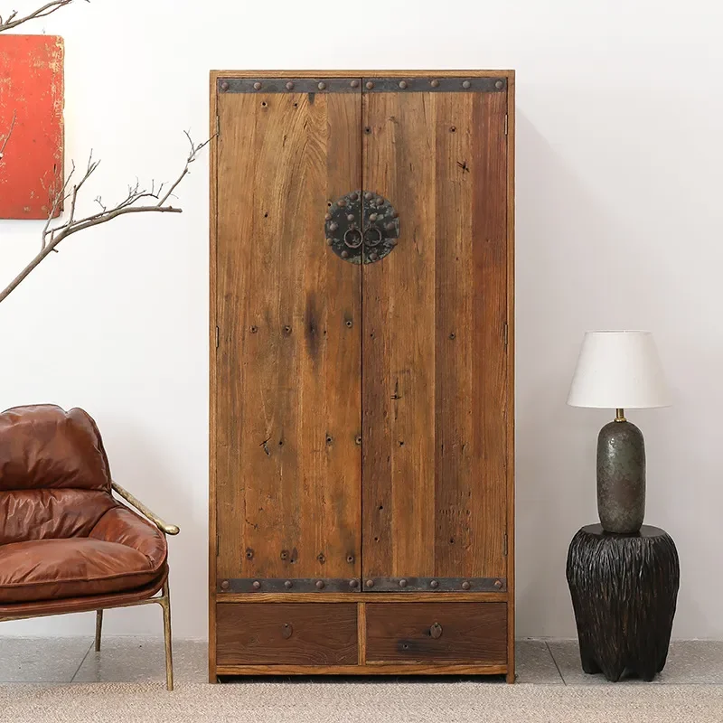 Solid Wood Wardrobe Mortise Tenon Bedroom Closet Clothes Hanging Storage Cabinet Wabi Style Home Furniture