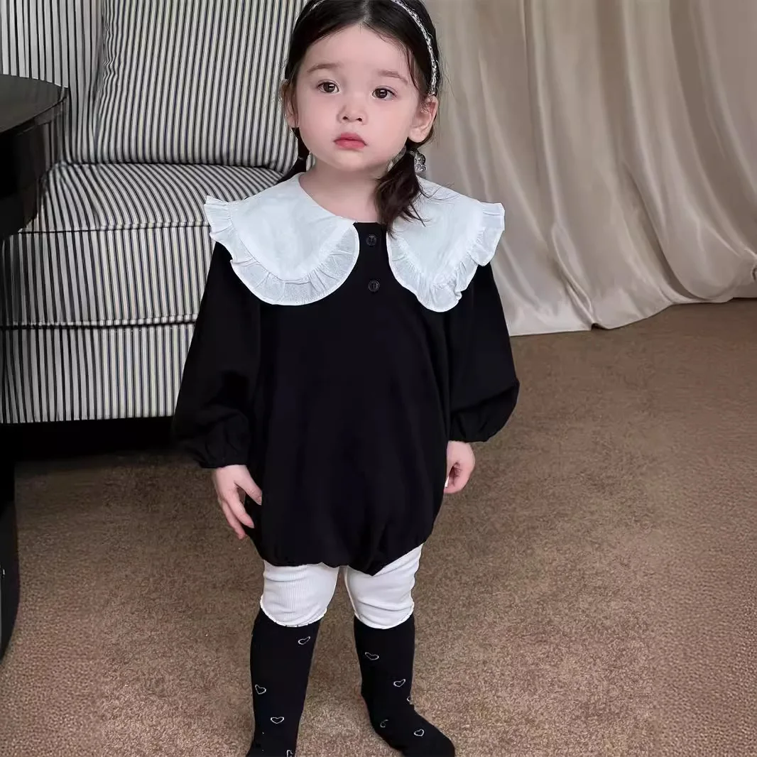 

2024 Autumn New Baby Girl Solid Cute Big Lapel Bodysuit Cotton Casual Infant Toddler Long Sleeve Sweet Princess Jumpsuit 0-24M
