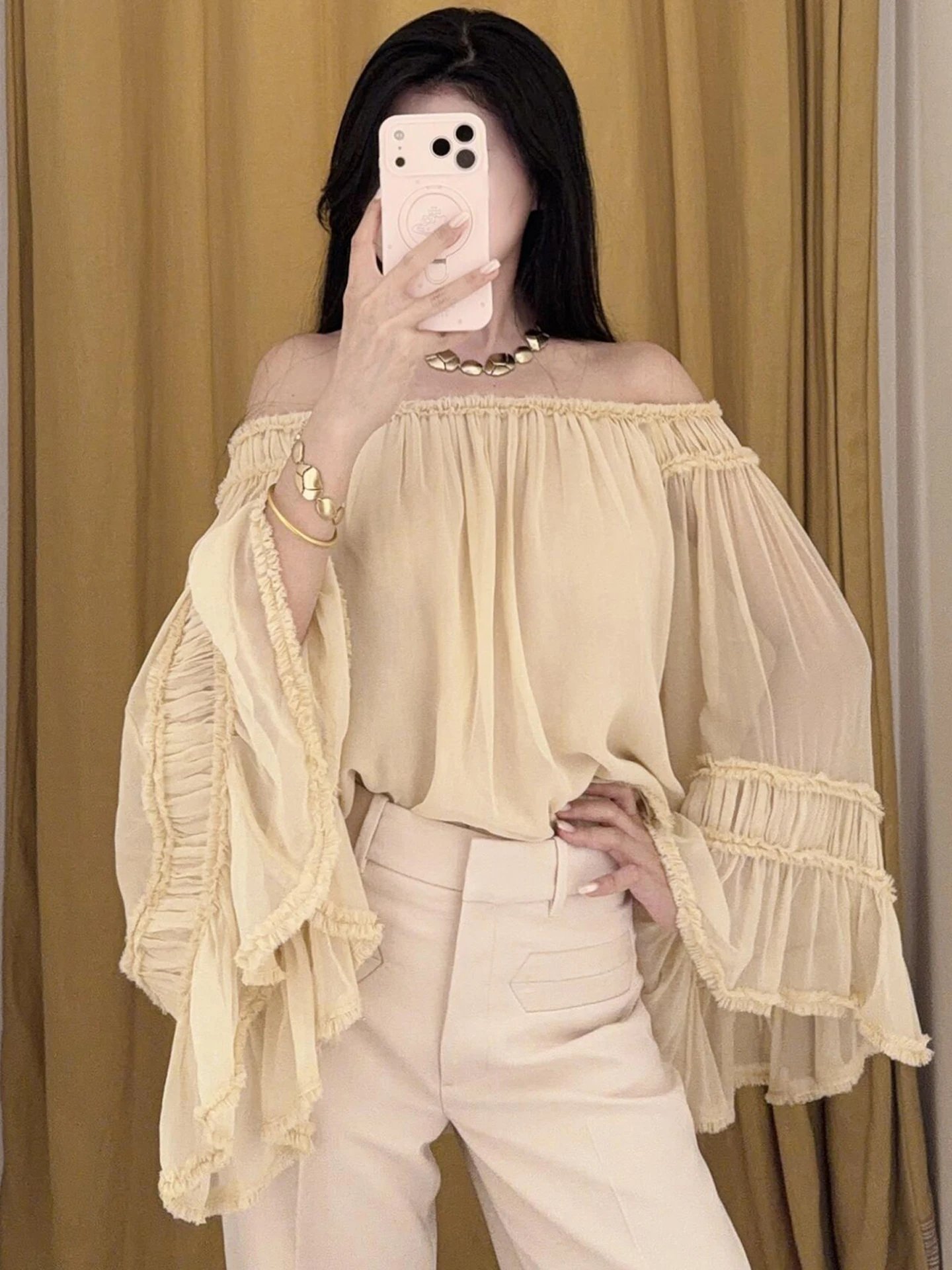 

Elegant One-Shoulder Pleated Shirt Top for Women Spring Summer Commute Style Loose Fit Long Sleeve Casual Wear